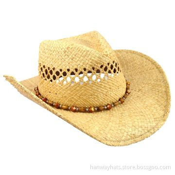 Straw Cowboy Hat/Raffia Straw Cowboy Hat with Multi Stone and Metal Beaded Trim